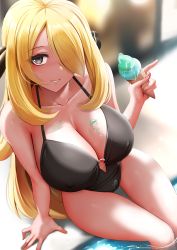Rule 34 | 1girl, black one-piece swimsuit, blonde hair, blurry, blurry background, breasts, cleavage, collarbone, creatures (company), cynthia (pokemon), food, food on body, food on breasts, food on clothes, game freak, ginhaha, grey eyes, hair ornament, hair over one eye, highres, holding, holding food, ice cream, ice cream cone, large breasts, long hair, looking at viewer, nintendo, one-piece swimsuit, parted lips, pokemon, pokemon dppt, pool, poolside, sitting, smile, soaking feet, solo, swimsuit, very long hair, water