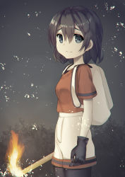 Rule 34 | 10s, 1girl, backpack, bag, black gloves, black hair, blue eyes, breasts, closed mouth, cowboy shot, fire, from side, gloves, hair between eyes, highres, holding, kaban (kemono friends), kemono friends, light smile, looking at viewer, night, ordeal, outdoors, pantyhose, red shirt, shirt, short hair, shorts, small breasts, smile, solo, spoilers, torch, tsukimizu (ordeal), wavy hair