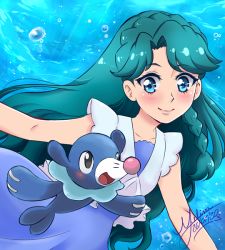 Rule 34 | 1girl, :d, bare arms, blue eyes, blush, braid, closed mouth, collarbone, commentary, creatures (company), crossover, dated, eyelashes, freediving, game freak, gen 7 pokemon, go! princess precure, green hair, happy, kaidou minami, long hair, mel-chan, nintendo, open mouth, pokemon, pokemon (creature), popplio, precure, signature, sleeveless, smile, tongue, underwater
