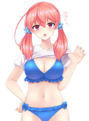 Rule 34 | .live, 1girl, bikini, blue bikini, breasts, cleavage, clothes lift, commentary request, frilled bikini, frills, hair between eyes, highres, kitakami futaba, large breasts, low twintails, navel, open mouth, pink hair, red eyes, scrunchie, shirt, shirt lift, simple background, solo, swimsuit, tipo (tipoplaza), translation request, twintails, virtual youtuber, white background, white shirt