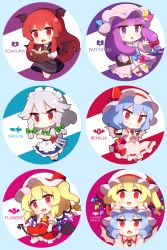 Rule 34 | 5girls, 60mai, :d, blonde hair, blue hair, blush, book, bow, bowtie, character name, closed mouth, dress, embodiment of scarlet devil, fang, flandre scarlet, grey hair, hair bow, hands up, holding, holding book, izayoi sakuya, koakuma, long hair, long sleeves, looking at viewer, maid headdress, multiple girls, open mouth, patchouli knowledge, purple eyes, purple hair, red eyes, red hair, remilia scarlet, short sleeves, smile, tongue, touhou, v-shaped eyebrows, white neckwear, wide sleeves, wings