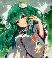 Rule 34 | 1girl, :d, bad id, bad pixiv id, blue ribbon, breasts, detached sleeves, frog hair ornament, green background, green eyes, green hair, green theme, hair ornament, hand in own hair, head tilt, kochiya sanae, long hair, looking at viewer, medium breasts, navel, open mouth, qqqrinkappp, ribbon, shikishi, signature, smile, snake hair ornament, solo, touhou, traditional media, upper body