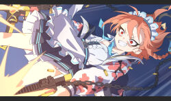 Rule 34 | 1girl, absurdres, apron, black skirt, blue archive, braid, chain, dual wielding, dutch angle, earrings, feet out of frame, firing, grin, gun, highres, holding, holding gun, holding weapon, jacket, jewelry, laika (sputnik2nd), letterboxed, long sleeves, looking at viewer, maid headdress, mole, mole under eye, muzzle flash, neru (blue archive), open clothes, open jacket, orange eyes, orange hair, pleated skirt, sanpaku, shell casing, short hair, sig sauer, sig mpx, skirt, smile, solo, stud earrings, submachine gun, sukajan, v-shaped eyebrows, weapon, white apron, wide-eyed