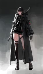 Rule 34 | 1girl, black coat, black footwear, black gloves, black hair, black thighhighs, bob cut, closed mouth, coat, gloves, highres, katana, open clothes, open coat, original, painterly, pink eyes, pink lips, pouch, scabbard, sheath, single thighhigh, sketch, solo, standing, sword, taak choi, thigh strap, thighhighs, weapon, weapon on back, zipper, zipper pull tab