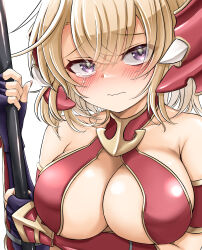 Rule 34 | 1girl, absurdres, armor, azur lane, bikini armor, blonde hair, blush, breasts, cleavage, closed mouth, covered erect nipples, eesuke (shin1athke), embarrassed, gloves, highres, holding, holding weapon, large breasts, oppai loli, purple eyes, purple gloves, sad, short hair, solo, solo focus, teardrop, tearing up, tears, weapon, z23 (azur lane), z23 (upgrade failure?!) (azur lane)