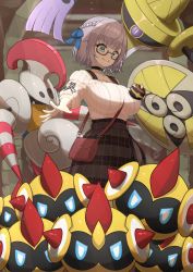 Rule 34 | 1girl, absurdres, aegislash, bad id, bad pixiv id, bag, between breasts, black choker, blue ribbon, bra strap, braid, breasts, brown bag, brown skirt, choker, closed mouth, commentary request, creatures (company), crossover, escavalier, falinks, game freak, gen 5 pokemon, gen 6 pokemon, gen 8 pokemon, glasses, green eyes, hair ribbon, highres, holding, holding poke ball, hololive, huge filesize, looking down, lunch boxer, luxury ball, nintendo, off-shoulder sweater, off shoulder, plaid, plaid skirt, poke ball, pokemon, pokemon (creature), ribbed sweater, ribbon, shirogane noel, shirogane noel (casual), shoulder bag, skirt, smile, spread fingers, strap between breasts, sweater, virtual youtuber, white sweater