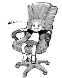 Rule 34 | 1girl, :d, chair, full body, greyscale, highres, iomah, koiwai yotsuba, monochrome, office chair, open mouth, quad tails, shirt, short hair, short twintails, shorts, simple background, sitting, smile, socks, solo, swivel chair, t-shirt, twintails, yotsubato!