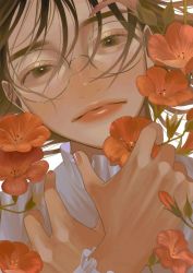 Rule 34 | 1girl, brown eyes, brown hair, commentary request, flower, freckles, frilled shirt collar, frilled sleeves, frills, glasses, hands up, lips, long sleeves, looking at viewer, original, red flower, shirt, simple background, solo, tori no 3046, upper body, white background, white shirt