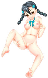 Rule 34 | 00s, 1girl, barefoot, black hair, blush, breasts, brown eyes, candice (pokemon), cleft of venus, creatures (company), game freak, gym leader, highres, nintendo, nude, pokemon, pokemon dppt, pussy, sho2, simple background, solo, twintails, uncensored