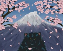 Rule 34 | black cat, cat, cherry blossoms, commentary, danial ryan, day, falling, giant, in tree, lying, mount fuji, no humans, original, outdoors, scenery, sitting, sitting in tree, too many, too many cats, tree, white cat