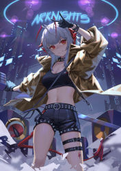Rule 34 | 1girl, ambience synesthesia, amplifier, antennae, areaaaron, arknights, belt, black belt, black shorts, black tank top, breasts, brown jacket, cleavage, collar, grey hair, grin, hand up, highres, holding, jacket, large breasts, leg belt, looking at viewer, medium hair, midriff, navel, neon lights, official alternate costume, open clothes, open jacket, red eyes, short shorts, shorts, smile, solo, spiked belt, spiked collar, spikes, standing, tank top, w (arknights), w (cannot wait for) (arknights)
