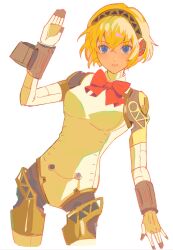 Rule 34 | 1girl, aegis (persona), android, blonde hair, blue eyes, bow, bowtie, breasts, closed mouth, cropped legs, hair between eyes, highres, joints, joowon (jju oon), korean commentary, looking at viewer, medium breasts, persona, persona 3, red bow, red bowtie, robot joints, short hair, simple background, solo, white background