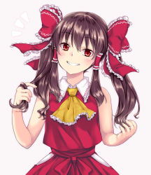 Rule 34 | 1girl, alternate hairstyle, ascot, bare arms, bare shoulders, bow, brown hair, commentary request, cowboy shot, frilled ascot, frilled bow, frilled shirt collar, frills, grin, hair between eyes, hair bow, hakurei reimu, head tilt, hip vent, holding, holding own hair, long hair, looking at viewer, monrooru, red bow, red eyes, red skirt, red vest, sidelocks, skirt, skirt set, smile, solo, touhou, twintails, vest, wing collar, yellow ascot