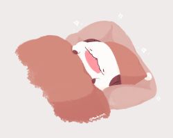 Rule 34 | 7mb yut, :p, animal focus, artist name, blanket, commentary, closed eyes, hat, horns, league of legends, lowres, no humans, pillow, poro (league of legends), simple background, sleeping, sparkle, tongue, tongue out, white background