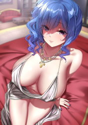 Rule 34 | 1girl, arm support, azur lane, bare shoulders, blue hair, blurry, blurry background, blush, breasts, breasts day, cleavage, closed mouth, collarbone, commentary request, covered erect nipples, dress, dutch angle, fingernails, highres, indoors, jack dempa, jewelry, large breasts, lips, long hair, nail polish, navel, necklace, plunging neckline, purple eyes, revealing clothes, shiny skin, simple background, sleeveless, sleeveless dress, smile, solo, st. louis (azur lane), st. louis (luxurious wheels) (azur lane), stomach