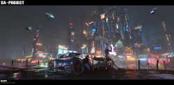 Rule 34 | 1girl, aircraft, android, artist name, black footwear, black jacket, brown pants, building, car, city, commentary request, dirigible, english text, hand up, highres, holding, jacket, joints, letterboxed, long hair, motor vehicle, neon lights, night, night sky, original, outdoors, pagani, pagani huayra, pants, purple hair, robot joints, sa&#039;yuki, shoes, sky, skyscraper, solo, star (sky), starry sky, translation request