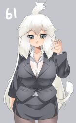 Rule 34 | 1girl, ahoge, alternate costume, animal ear fluff, black jacket, black skirt, blazer, blush, breasts, brown pantyhose, buttons, collared shirt, commentary request, cowboy shot, grey eyes, highres, jacket, kemono friends, large breasts, lets0020, lion girl, lion tail, long hair, long sleeves, looking at viewer, medium bangs, no ears, numbered, office lady, open mouth, pantyhose, pencil skirt, shirt, simple background, skirt, solo, tail, white hair, white lion (kemono friends), white shirt