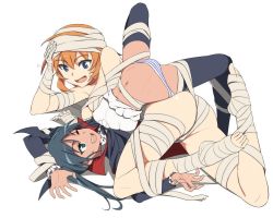 Rule 34 | 2girls, ass, black hair, black legwear, blue eyes, breasts, charlotte e. yeager, dark-skinned female, dark skin, fang, francesca lucchini, green eyes, medium breasts, multiple girls, mummy costume, nanashino, one eye closed, open mouth, orange hair, panties, smile, spread legs, strike witches, striped clothes, striped panties, sweat, thighhighs, twintails, underwear, vampire, vampire costume, world witches series