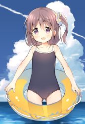 Rule 34 | 1girl, :d, black one-piece swimsuit, blue sky, blush, brown hair, cloud, cloudy sky, commentary request, competition school swimsuit, day, gluteal fold, hair between eyes, hair ornament, hair scrunchie, head tilt, holding, holding swim ring, horizon, innertube, long hair, meito (maze), new school swimsuit, ocean, one-piece swimsuit, one side up, open mouth, original, outdoors, purple eyes, school swimsuit, scrunchie, sky, smile, solo, swim ring, swimsuit, transparent, water, yellow innertube, yellow scrunchie