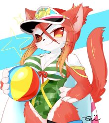 Rule 34 | artist request, cat, cat busters, furry, highres, hinozuki (cat busters), red hair, smile, swimsuit, yellow eyes