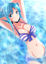 Rule 34 | 1girl, armpits, arms behind head, asuna (sao), asuna (sao-alo), bikini, blue eyes, blue hair, breasts, closed mouth, collarbone, highres, island (kossori), large breasts, long hair, navel, partially submerged, pointy ears, smile, solo, striped bikini, striped clothes, swimsuit, sword art online, water