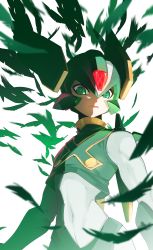 Rule 34 | 1boy, absurdres, bodysuit, closed mouth, covered navel, feathers, green eyes, green feathers, green theme, sage harpuia (mega man), helmet, highres, looking at viewer, male focus, mega man (series), mega man zero (series), solo, tanziya (codlxcold), upper body