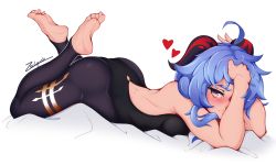 Rule 34 | 1girl, ahoge, ass, barefoot, blue hair, blush, bodysuit, crossed ankles, feet, ganyu (genshin impact), genshin impact, heart, highres, horns, looking at viewer, lying, on stomach, one eye closed, smirk, soles, solo, the pose, toes, white background, yellow eyes, zealyush