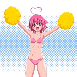 Rule 34 | 1girl, ahoge, aino heart, arcana heart, armpits, bikini, breasts, heart, heart ahoge, highres, legs, looking at viewer, navel, open mouth, pink bikini, pink hair, pom pom (cheerleading), red eyes, short hair, small breasts, smile, swimsuit, thighs