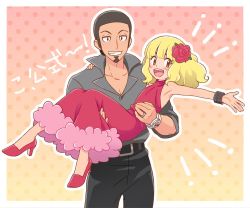 Rule 34 | !, !!, 2boys, armpits, ash ketchum, ashley (pokemon), belt, belt buckle, black belt, black hair, black pants, black shirt, blonde hair, blouse, blunt bangs, buckle, carrying, collared shirt, commentary, creatures (company), crossdressing, dress, emphasis lines, facial hair, flower, full body, fur trim, game freak, goatee, grey jacket, hair flower, hair ornament, high heels, jacket, jewelry, kukui (pokemon), male focus, medium hair, multiple boys, nintendo, okaohito1, open mouth, outside border, pants, pink background, pink dress, pokemon, pokemon (anime), pokemon sm (anime), princess carry, ring, rose, shirt, smile, tagme, teeth, translation request, upper teeth only, wig, z-ring