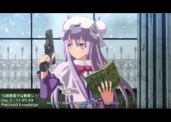 Rule 34 | 007, 1girl, anime coloring, arm up, bad id, book, call of duty, capelet, contemporary, crescent, dress, fake screenshot, female focus, fence, finger on trigger, gun, hair ribbon, handgun, hat, james bond, letterboxed, long hair, multicolored clothes, multicolored dress, nail polish, patchouli knowledge, pink eyes, pistol, purple dress, purple eyes, ribbon, snowing, solo, the matrix, tomon (slash0410), touhou, translation request, walther, walther p99, weapon, window