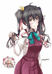 Rule 34 | 10s, 2girls, 3 3, ahoge, alternate hairstyle, bespectacled, black hair, blush, borrowed clothes, dress, dress shirt, emphasis lines, unworn eyewear, glasses, grin, hair ribbon, holding, holding hair, kantai collection, looking at viewer, makigumo (kancolle), mikage takashi, multicolored hair, multiple girls, naganami (kancolle), open mouth, pink hair, red dress, ribbon, round eyewear, shirt, smile, twintails, twintails day