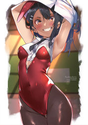 Rule 34 | 1girl, animal ears, archerfish (coquettish bunny) (azur lane), armpits, arms up, azur lane, bad id, bad pixiv id, black hair, black necktie, black pantyhose, blush, border, breasts, brown eyes, commentary, cosplay, covered navel, cowboy shot, curvy, dark-skinned female, dark skin, detached collar, earrings, fake animal ears, fangs, fishnets, gluteal fold, grin, hair ornament, hairclip, ijiranaide nagatoro-san, indoors, jewelry, leotard, long hair, looking at viewer, medium breasts, nagatoro hayase, necktie, pantyhose, playboy bunny, rabbit ears, shiny clothes, short necktie, small breasts, smile, solo, standing, sydus, teeth, undressing, white border