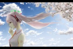Rule 34 | 1girl, cherry blossoms, cloud, day, hatsune miku, headphones, letterboxed, name connection, object namesake, petals, pink hair, sakura miku, sky, solo, vocaloid, yache