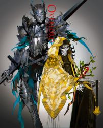 Rule 34 | 2boys, ainz ooal gown, armor, black sclera, branch, colored sclera, copyright name, full armor, gauntlets, gem, greaves, grey background, helm, helmet, holding, holding sword, holding weapon, hood, hood up, horocca, leaf, lich, looking at viewer, multiple boys, overlord (maruyama), pauldrons, plate armor, red eyes, robe, shoulder armor, sitting, skeleton, standing, sword, touch me, undead, waist cape, weapon