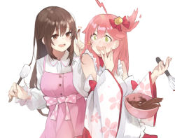 Rule 34 | 2girls, :d, ahoge, apron, bare shoulders, bell, blush, bow, bowl, brown eyes, brown hair, buttons, chocolate, chocolate on face, collared dress, commentary request, detached sleeves, dress, dropping, embarrassed, expressive hair, floral print, food, food on face, frilled apron, frilled sleeves, frills, gingham, green eyes, hair between eyes, hair bow, hair flaps, hair ornament, hair over one eye, hair ribbon, hand on own face, heart, holding, holding spatula, holding whisk, hololive, japanese clothes, kase (kurimuzone oruta), long hair, long sleeves, looking at another, mixing bowl, multiple girls, nontraditional miko, nose blush, notice lines, official alternate costume, open mouth, pinafore dress, pink dress, pink hair, pointing, pointing up, raised eyebrows, ribbon, sakura miko, sakura miko (1st costume), side ponytail, simple background, sleeveless, sleeveless dress, smile, spatula, tokino sora, tokino sora (old design), very long hair, virtual youtuber, waist bow, whisk, white apron, white background, white dress, wide sleeves, yuri