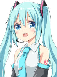 Rule 34 | 1girl, :d, bare shoulders, black sleeves, blue eyes, blue hair, blue necktie, blush, breasts, commentary, detached sleeves, eyebrows hidden by hair, hair between eyes, hatsune miku, headset, hisae (hisae collect), long hair, looking at viewer, medium breasts, necktie, open mouth, shirt, sidelocks, simple background, sleeveless, sleeveless shirt, smile, solo, tattoo, tie clip, twintails, upper body, vocaloid, white background