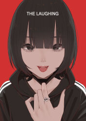 Rule 34 | 1girl, :d, absurdres, bananafish1111, black eyes, black hair, black hoodie, blunt bangs, commentary, english commentary, english text, fangs, highres, hood, hoodie, jewelry, looking at viewer, mask, mask pull, mouth mask, open mouth, original, red background, ring, short hair, simple background, smile, solo, teeth