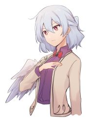 Rule 34 | 1girl, angel wings, beige jacket, bow, bowtie, breasts, bright pupils, brooch, cropped torso, dress, hand on own chest, highres, idaku, jewelry, kishin sagume, looking ahead, medium breasts, purple dress, red eyes, short hair, silver hair, simple background, single wing, solo, touhou, upper body, white background, wings