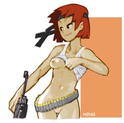 Rule 34 | 1girl, advance wars, advance wars: dual strike, ammunition belt, bare shoulders, bottomless, breasts, clitoris, clothes lift, domino, domino (advanced wars), gun, headband, moyse, navel, nipples, pussy, red hair, shirt lift, short hair, small breasts, smile, solo, submachine gun, tank top, uncensored, weapon