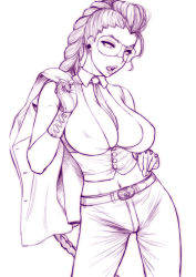 Rule 34 | 1girl, between breasts, braid, breasts, capcom, cleavage, crimson viper, gloves, huge breasts, jacket, jacket over shoulder, unworn jacket, long hair, midriff, monochrome, navel, necktie, open clothes, open shirt, pompadour, purple theme, shirt, solo, st.germain-sal, street fighter, street fighter iv (series), sunglasses, very long hair