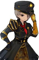 Rule 34 | 1girl, belt, black eyes, black hat, breasts, closed mouth, collared coat, commentary request, employee (project moon), eyes visible through hair, grey hair, hair over one eye, hand on own hip, hat, highres, lobotomy corporation, medium breasts, neckerchief, peaked cap, project moon, red neckerchief, short hair, simple background, solo, t 05 41, white background