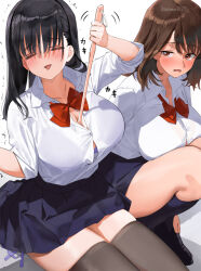 Rule 34 | 2girls, between breasts, black hair, blue bra, blue skirt, blush, bow, bowtie, bra, bra visible through clothes, breasts, brown eyes, button gap, commentary request, grey thighhighs, kaisen chuui, large breasts, medium hair, multiple girls, open mouth, original, red bow, red bowtie, school uniform, shirt, sitting, skirt, solo, squatting, thighhighs, thighs, underwear, white shirt, zettai ryouiki