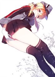 Rule 34 | 10s, 1girl, anchor hair ornament, ass, blonde hair, blush, breasts, caidychen, covering privates, covering ass, gloves, green eyes, hair ornament, hat, kantai collection, long hair, looking at viewer, military, military uniform, peaked cap, prinz eugen (kancolle), simple background, skirt, solo, thighhighs, twintails, uniform, white gloves, zettai ryouiki