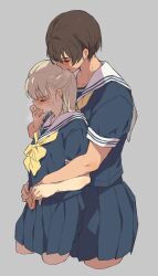 Rule 34 | 2girls, blonde hair, blush, brown hair, closed eyes, crotch grab, finger in another&#039;s mouth, height difference, highres, kei (m k), m k, multiple girls, rika (m k), saliva, school uniform, size difference, tall, tall female, tomboy, yuri