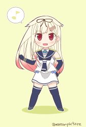 Rule 34 | 10s, 1girl, :d, bare shoulders, blonde hair, chibi, cosplay, elbow gloves, fang, gloves, gradient hair, hair flaps, hair ornament, hair ribbon, hairclip, highres, kantai collection, mae (maesanpicture), multicolored hair, open mouth, red eyes, ribbon, sailor collar, samidare (kancolle), samidare (kancolle) (cosplay), simple background, skirt, smile, solo, thighhighs, twitter username, yuudachi (kancolle)