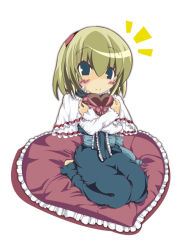 Rule 34 | 1girl, alice margatroid, blonde hair, blush, candy, capelet, chocolate, chocolate heart, female focus, food, hairband, heart, seiza, short hair, simple background, sitting, smile, solo, touhou, valentine, white background