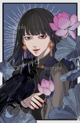 Rule 34 | 1girl, bird, black bird, black hair, black nails, blue background, border, chinese clothes, chinese knot, colored inner hair, commission, crow, earrings, fang, fang out, flower, highres, jewelry, kagoya1219, leaf, light smile, long hair, long sleeves, looking at viewer, mole, mole under eye, multicolored hair, nail polish, original, outside border, pink flower, purple eyes, purple hair, sample watermark, solo, tassel, tassel earrings, upper body, watermark, white border
