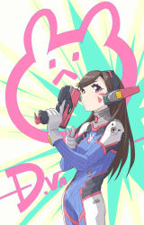 Rule 34 | 1girl, animal print, bodysuit, breasts, brown eyes, brown hair, character name, charm (object), commentary request, cowboy shot, d.va (overwatch), explosion, facepaint, facial mark, finger gun, gun, headphones, high collar, highres, holding, holding gun, holding weapon, index finger raised, looking at viewer, medium breasts, muzy, overwatch, overwatch 1, pilot suit, puckered lips, rabbit print, ribbed bodysuit, shoulder pads, skin tight, solo, swept bangs, trigger discipline, weapon, whisker markings