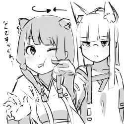 Rule 34 | 2girls, animal ear fluff, animal ears, arrow (symbol), blunt bangs, blush, cheek poking, closed mouth, collarbone, commentary request, fox ears, glasses, greyscale, highres, japanese clothes, kimono, kuro kosyou, long hair, monochrome, multiple girls, one eye closed, original, parted lips, poking, ribbon-trimmed sleeves, ribbon trim, shirt, short eyebrows, short sleeves, simple background, sketch, thick eyebrows, translation request, upper body, white background