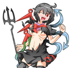Rule 34 | 1girl, akatsubon, asymmetrical wings, black hair, black thighhighs, female focus, houjuu nue, polearm, red eyes, solo, thighhighs, torn clothes, touhou, trident, weapon, wings